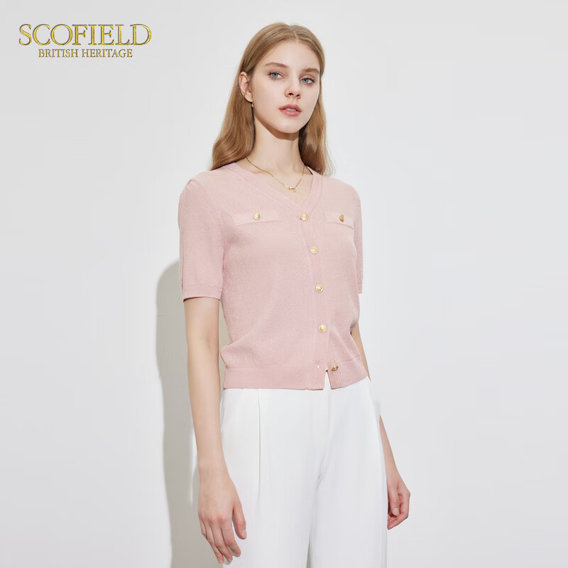 Scofield女裝靜奢風(fēng)V領(lǐng)泡泡袖藍(lán)色短袖針織開衫夏季針織外套 粉色 S 160