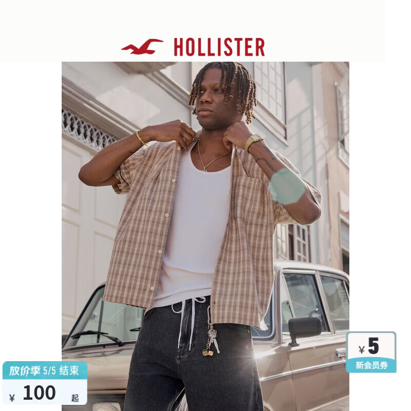 HOLLISTER25夏季新款美式復(fù)古情侶格子短袖襯衫男裝KI325-5126 卡其格子 XS (170/84A)
