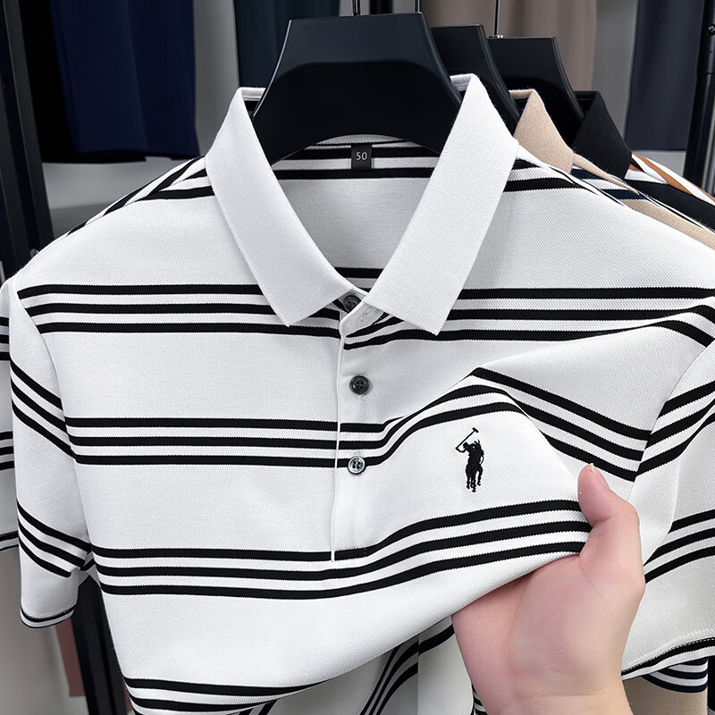 圣马奇保罗条纹polo衫男奥莱品牌折扣短袖t恤男夏季新款小马标刺绣翻领T恤男 短袖T357白色 M 16590-115斤