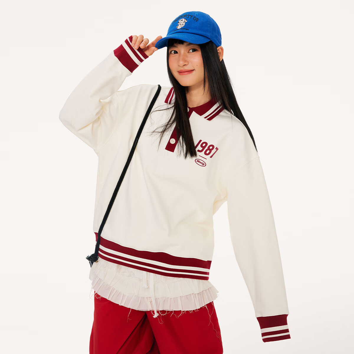 Mmlg 87mm 2025年新款polo领卫衣女重磅1987印花撞色拼接罗纹情侣上衣 米杏色 S