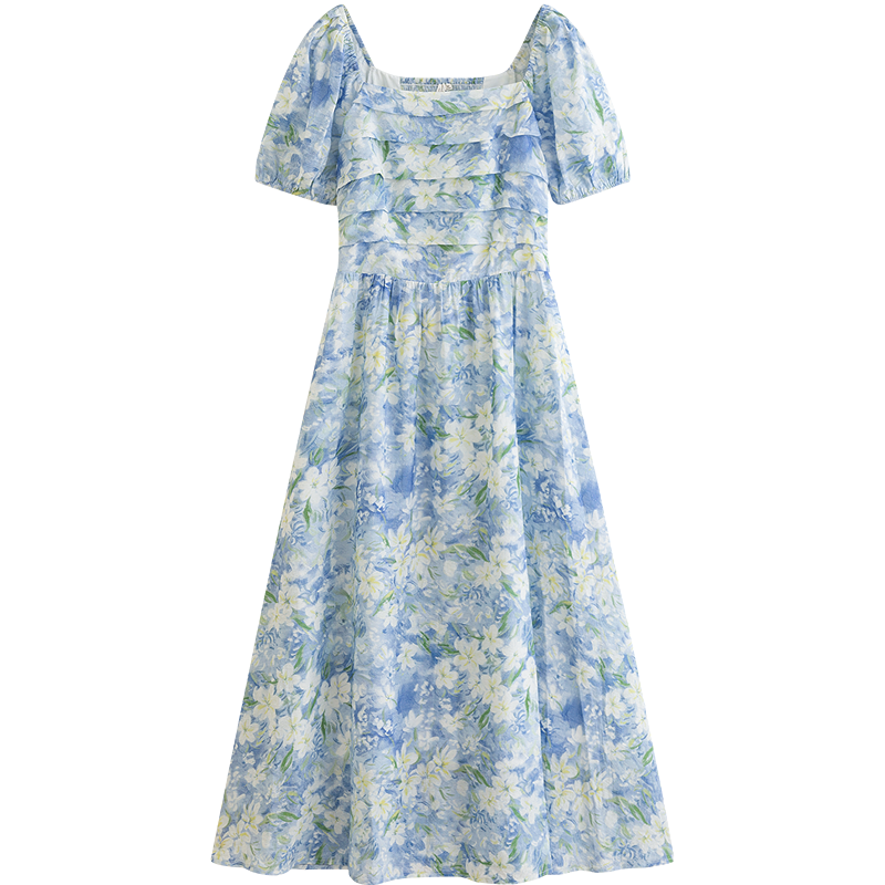茵曼（INMAN）度假風(fēng)海邊印花連衣裙2025夏季女裝新品方領(lǐng)泡泡袖收腰長(zhǎng)裙子 釉藍(lán)色 M