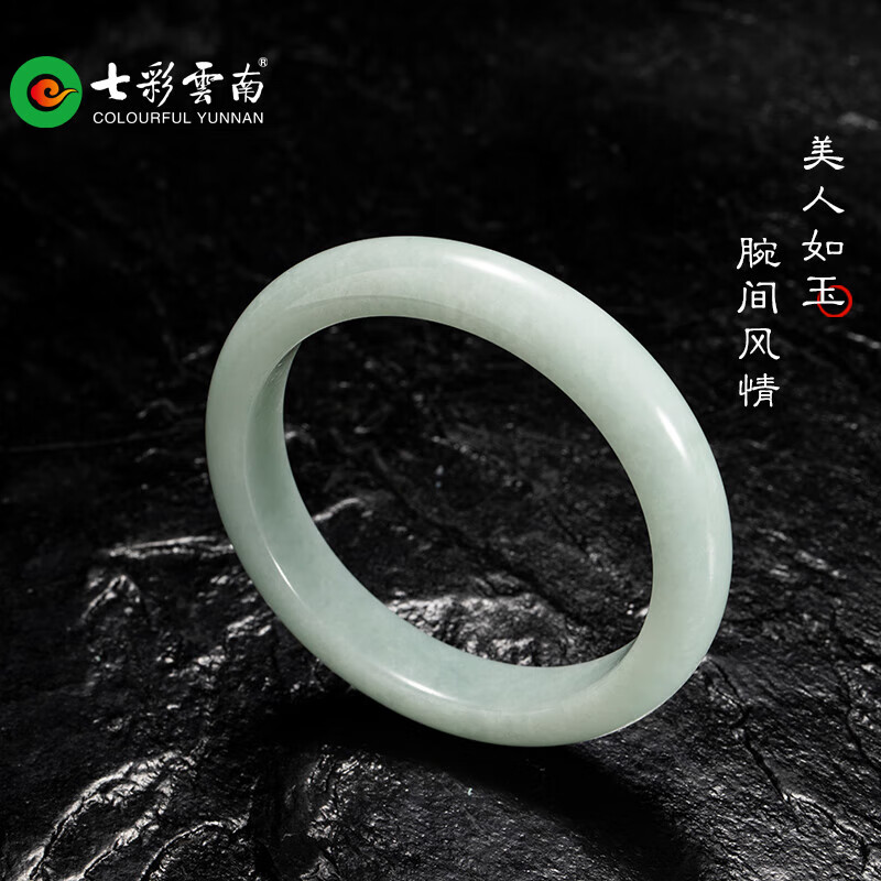 七彩雲南【新品】翡翠手镯玉冰糯种飘花手镯圆镯玉镯子女款送女友节日礼物 9800翡翠手镯 53-54