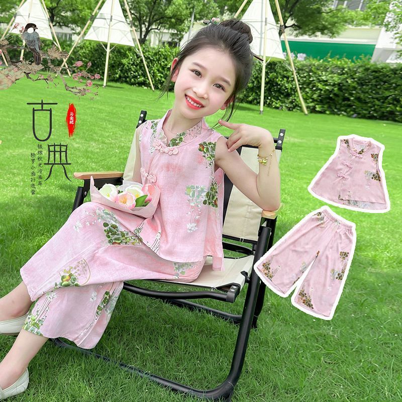 G.duck童装女童中式国风套装2026新款儿童夏季汉服洋气宝宝两件套夏装 粉色-套装 120 码(身高100-110cm)