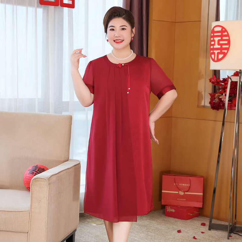 賽曼蝶女兒結(jié)婚媽媽特大碼禮服女喜婆婆加肥加大碼短袖連衣裙婚宴裝遮肚 【連衣裙】棗紅色 XL 【115-135斤】