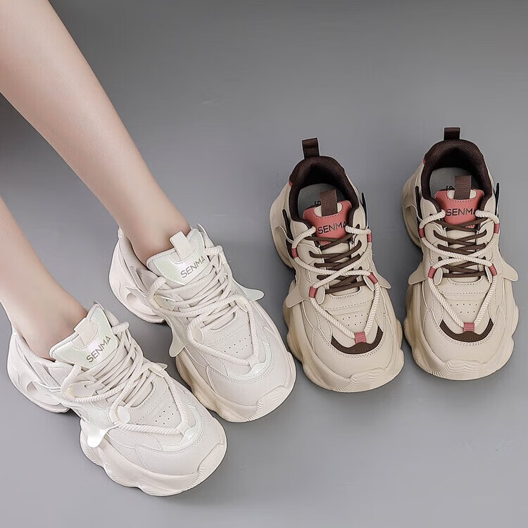 森馬女鞋秋季厚底老爹鞋女2025新款透气网面休闲鞋百搭增高运动鞋女 w574杏咖 37 (235mm)