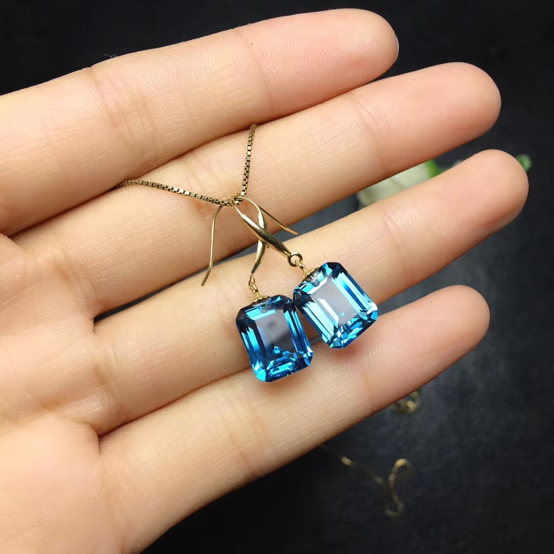 翡宇新款18金伦敦蓝宝石吊坠耳坠方形天然蓝托帕石水晶耳挂男女项链