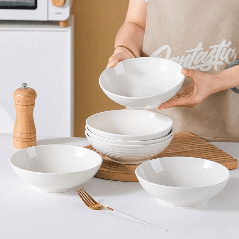 纯白7英寸螺纹深盘4/6个装家用加厚高颜值盘陶瓷餐具菜盘子汤盘 纯白螺纹深盘子4个装 7英寸