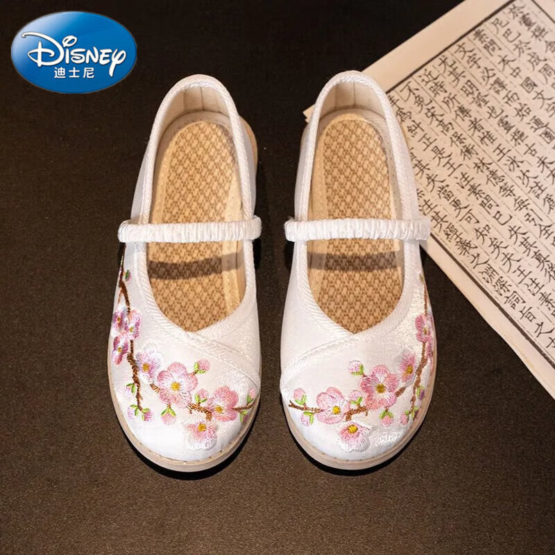 迪士尼（Disney）女童汉服鞋子国风儿童绣花鞋中国民族古风古装鞋小公主老北京布鞋 0771白色 25 /鞋内长15.1cm