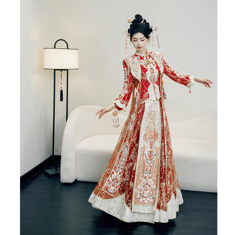 勤馳新品紅色新娘秀禾服婚服25新款重工龍鳳褂嫁衣中式鳳冠霞披 紅色秀禾服 S 均碼