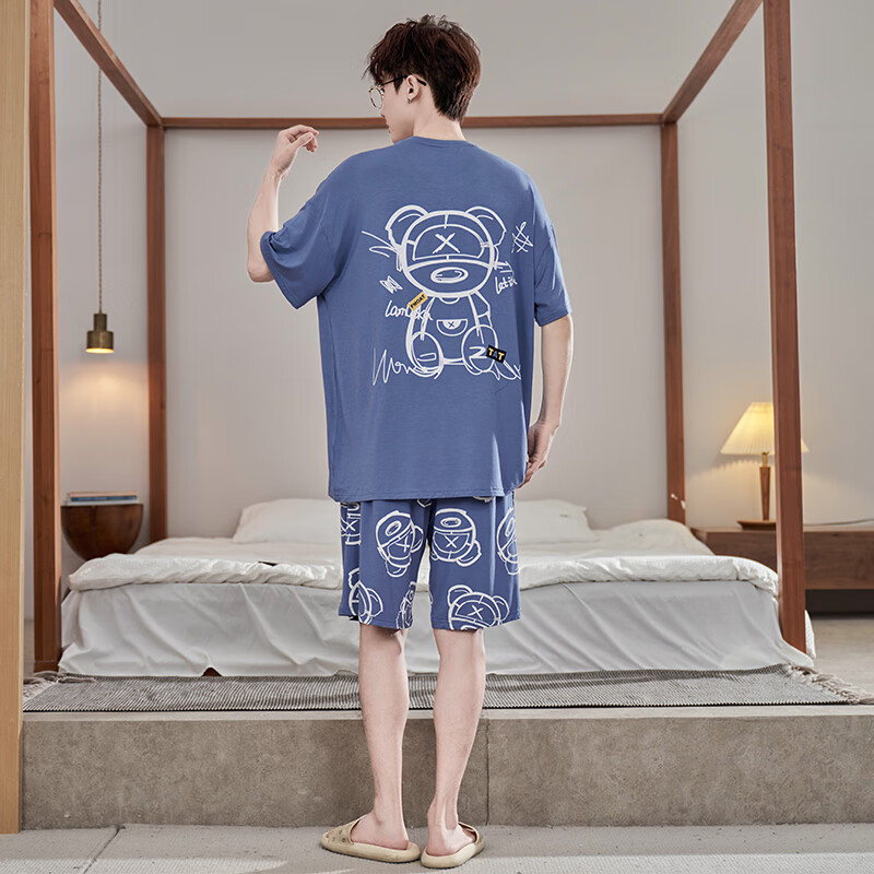 萧淑妃夏季原创卡通薄款纯棉男士睡衣青少年学生短袖短裤大码家居服套装 X眼熊#01 5XL