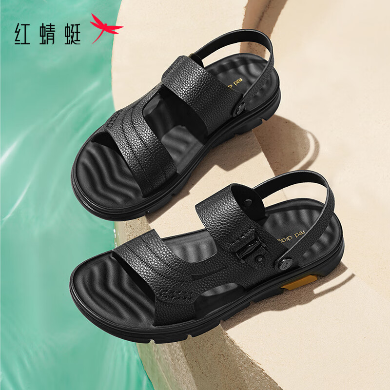 红蜻蜓真皮凉鞋拖鞋夏季牛皮沙滩鞋透气两穿闰月送爸爸WTT22118J黑色43