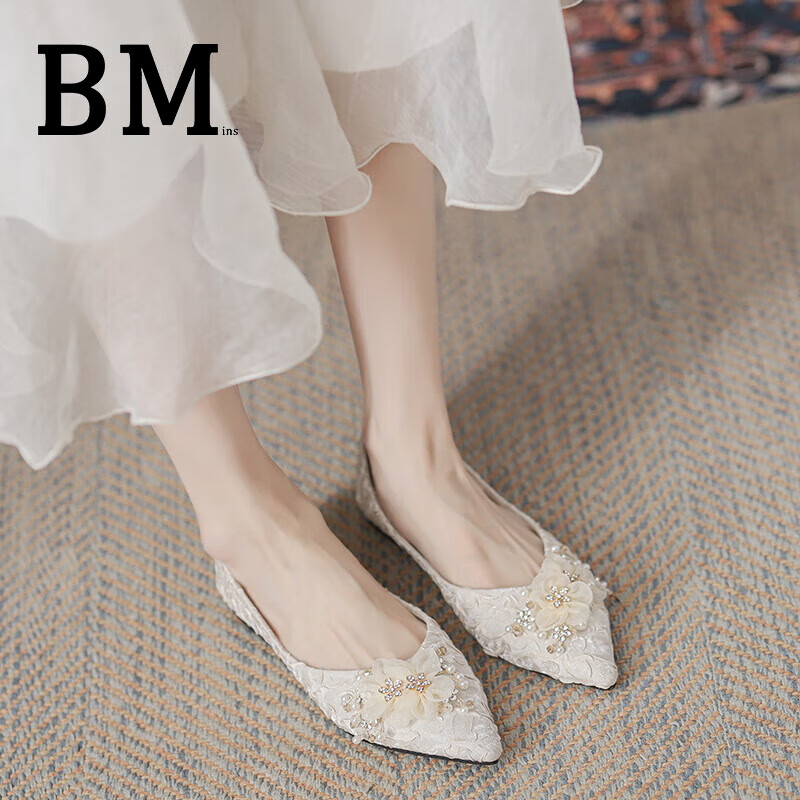 BM INS風(fēng)潮平跟新娘鞋新款平底婚鞋女 水鉆仙女伴娘鞋船鞋尖頭單鞋女 米白色 38 38