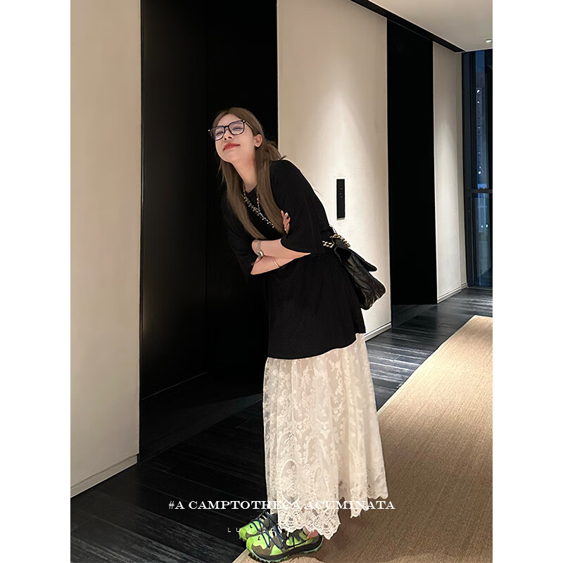 小野七天白色蕾丝半身裙a字女夏设计感松紧腰中长半裙新中式国风蕾丝半裙 均码