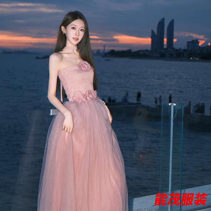 萱眸粉色甜美抹胸裙生日晚宴晚禮服輕奢小眾收腰連衣裙女夏季氣質長裙 粉紅色 XL