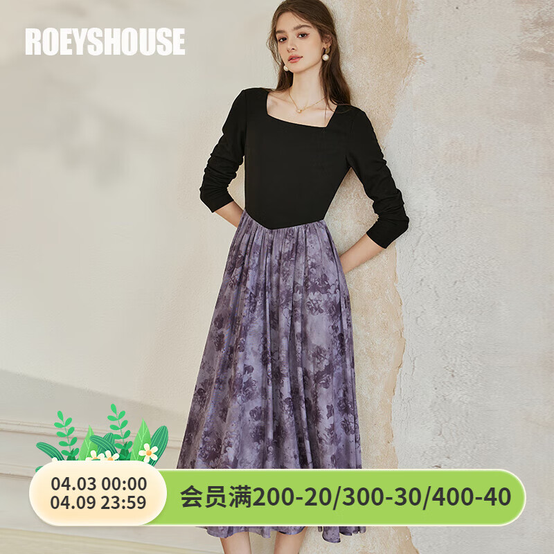 ROEYSHOUSE羅衣法式晚禮服拼接網(wǎng)紗連衣裙春裝新款方領(lǐng)高級大擺裙10073 拼色 M