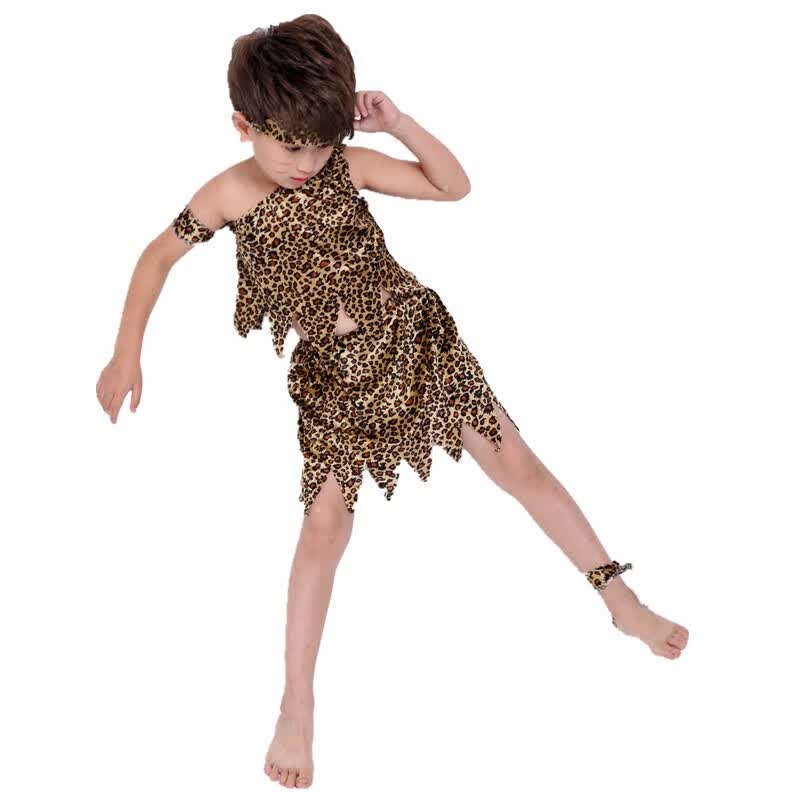 儿童野人演出服猎人印第安人表演服原始人非洲 豹纹色 90 cm