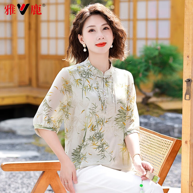 雅鹿妈妈装夏装新款国风中式雪纺T恤衫中老年女装洋气大码衣服上衣 绿色 YQS11B35000 2XL (175) 【建议105-120斤】