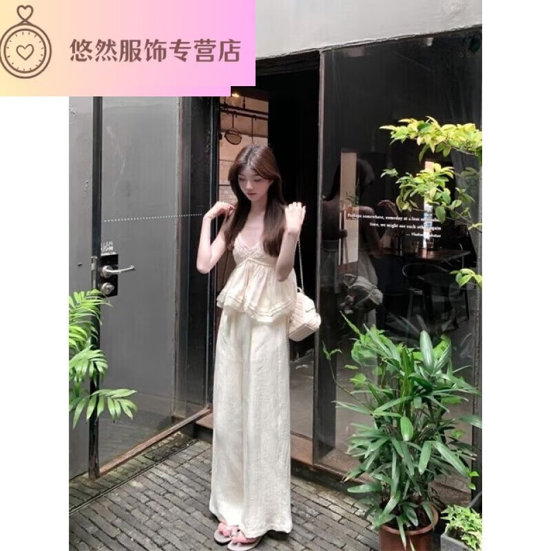 山頭林村甜辣風(fēng)設(shè)計(jì)感吊帶衫顯瘦闊腿褲兩件套2025年夏季新款女裝 套裝 S