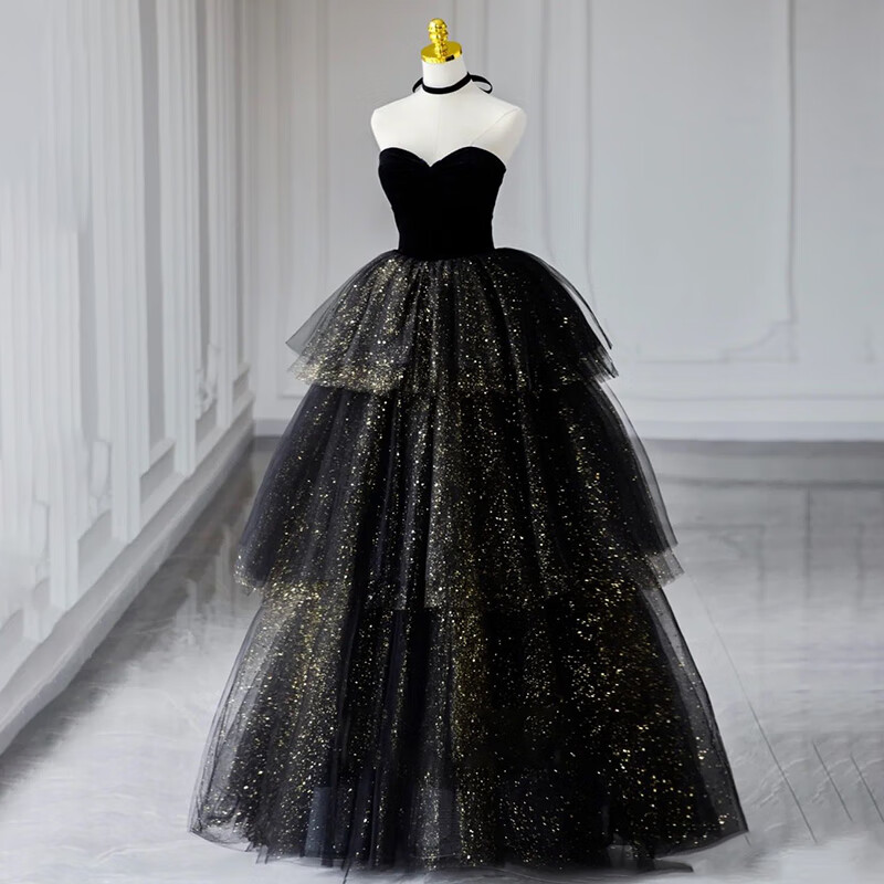 艺考演出服晚礼服长裙亮片抹胸气质独唱演出服蓬蓬裙艺考礼服 黑色 s