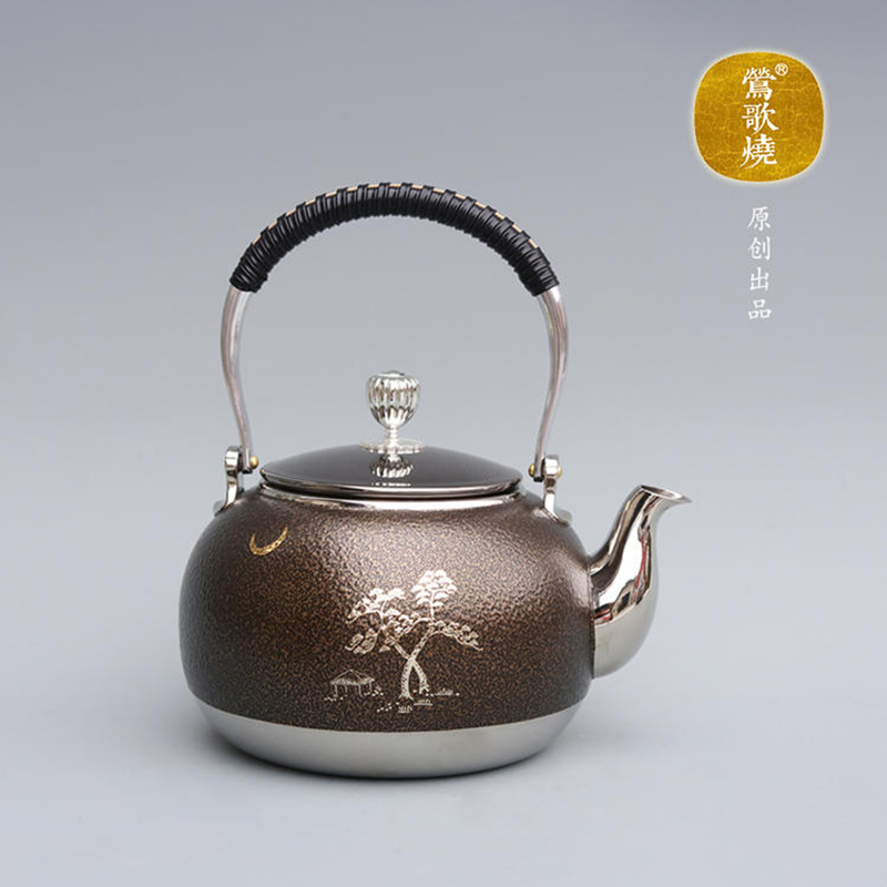 新品台湾莺歌烧不锈钢茶壶 316食品级提梁烧水泡茶壶煮茶壶电陶炉 古铜色山月纹