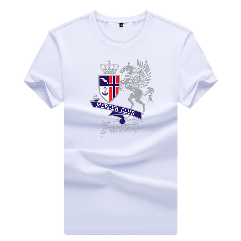 丝光棉印花鲨鱼盾港风沙滩大码上衣t恤男潮 白色【r9186#皇马金盾】 s