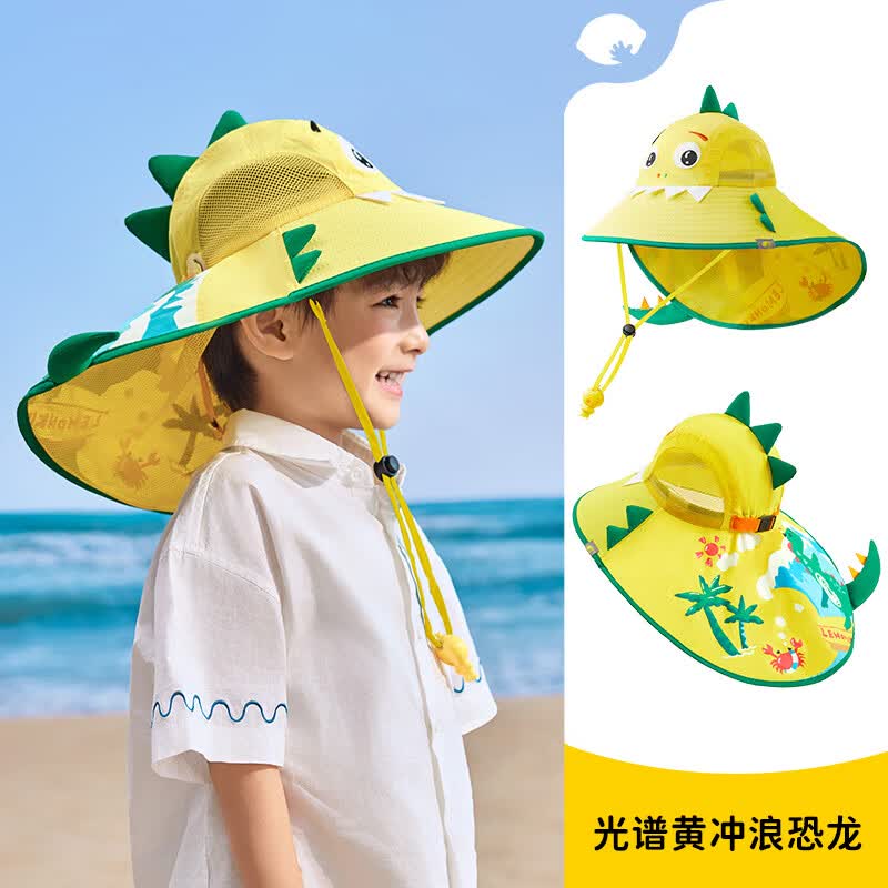 柠檬宝宝儿童防晒帽大帽檐原纱遮阳帽户外太阳帽男女童夏季防紫外线沙滩帽 光谱黄冲浪恐龙【造型+印花】 帽围58cm【建议10岁以上】