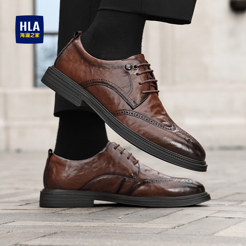 海澜之家皮鞋男鞋2026新款复古英伦风男士商务正装皮鞋头层牛皮软底皮鞋男 棕色 44