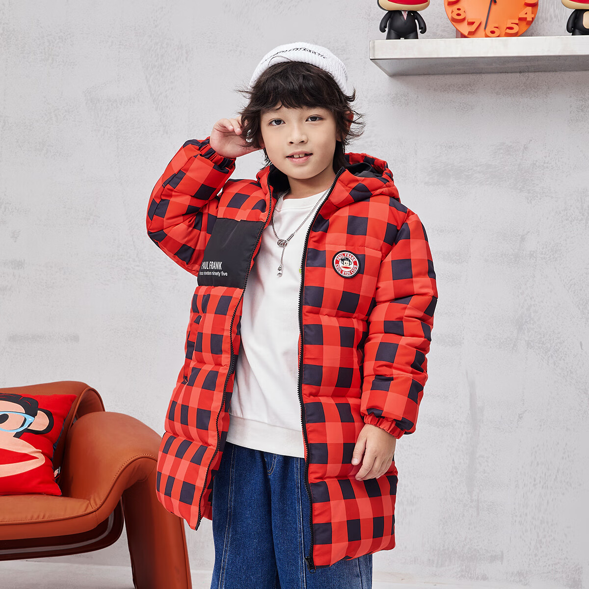 大嘴猴（paul frank）童装儿童棉服2025秋冬款保暖舒适中大童百搭休闲长款外套 017B红色 110