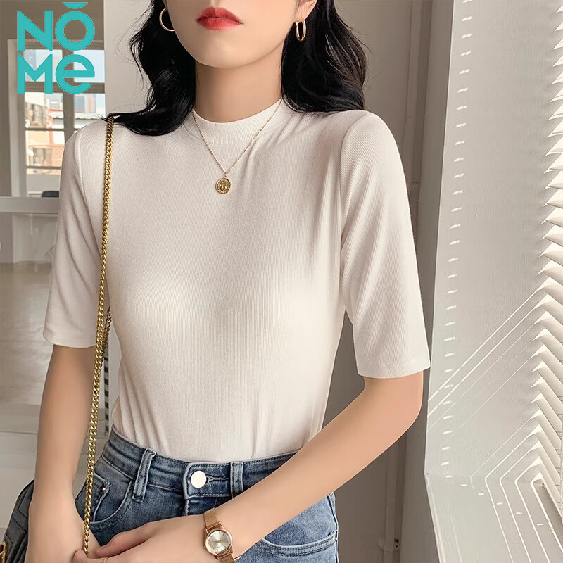 NOME螺紋半高領(lǐng)打底衫女春夏內(nèi)搭五分中袖上衣 白色  M 