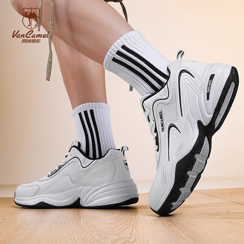 西域骆驼(VANCAMEL)男鞋秋季皮面透气大码运动鞋休闲减震跑步鞋防臭旅游鞋男加绒保暖 【官方正品 质量保证】黑色网面款 47