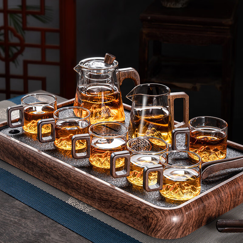 胖东来同款德国进口品质观山玻璃茶具套装茶壶盘耐热泡茶壶公道杯 茶盘套透明木柄观山壶+公 9件