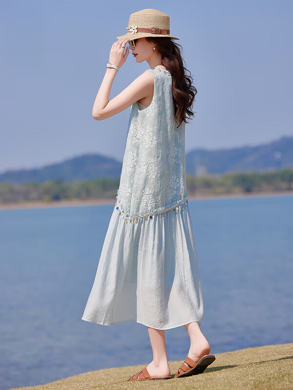 罗蒙（ROMON）高端亚麻棉麻无袖背心连衣裙女夏新款高级感海边度假显瘦雪纺长裙 蓝色 M  （100斤以内）