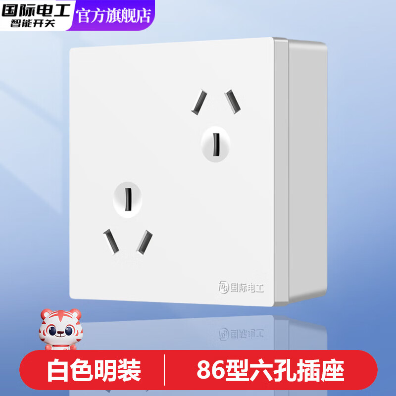 国际电工86型明装一开八孔插座墙壁六孔四孔十孔插座面板多功能6孔4孔10孔 倒六孔+明盒-白