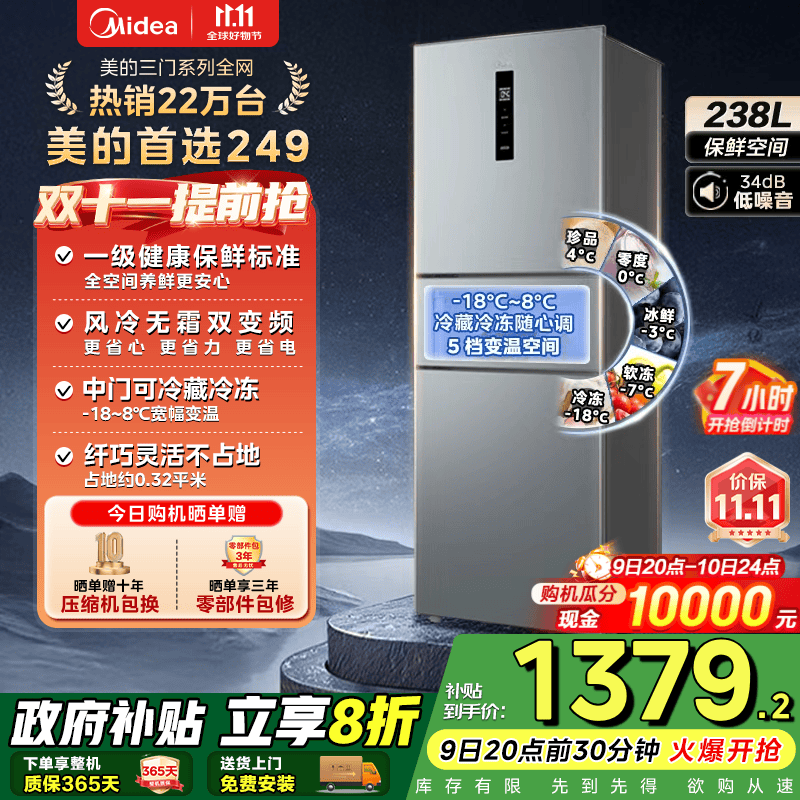 美的（Midea）249三开门多门双变频一级能效风冷无霜中门变温大冷冻空间节能低噪租房小型家用小冰箱政府补贴20% MR-249WTPE