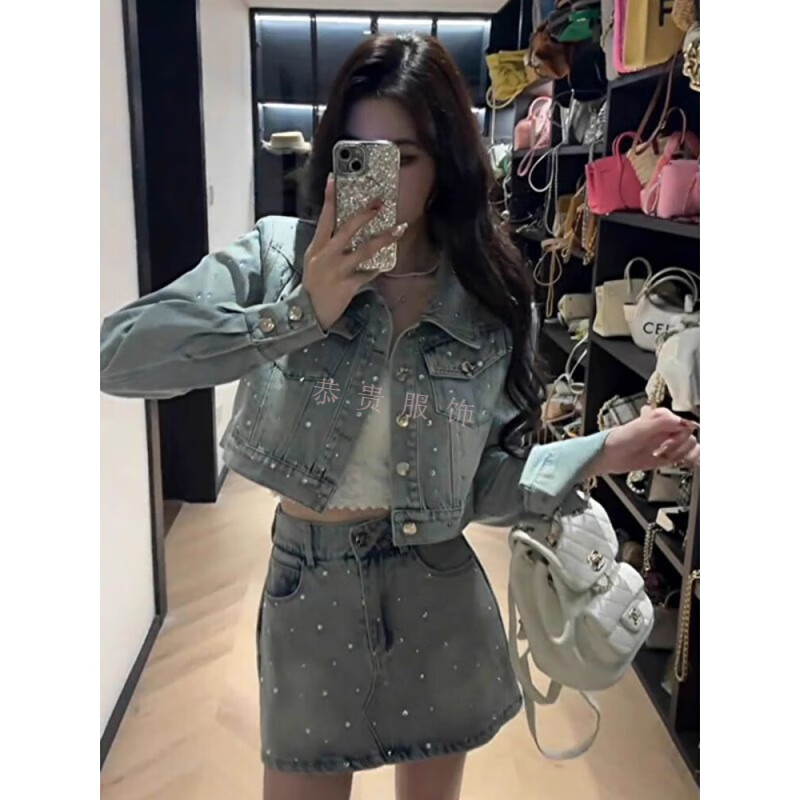 何健弓甜酷辣妹牛仔套装女春设计感短外套高腰半身短裙裤两件套两牛仔外 [两]牛仔外套+半身短裙裤 S 均码
