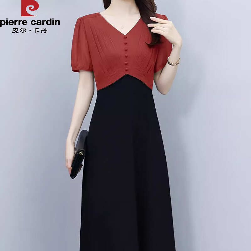 皮尔卡丹（pierre cardin）假两件短袖雪纺连衣裙2025新款女春小个子妈妈裙子气质收腰a字裙 红色 M 【80-斤】