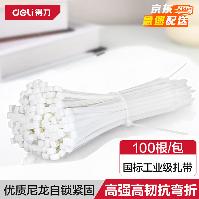 得力（deli）自锁式尼龙扎带阻燃理线带捆扎带束线扎线绑 白色100根/包