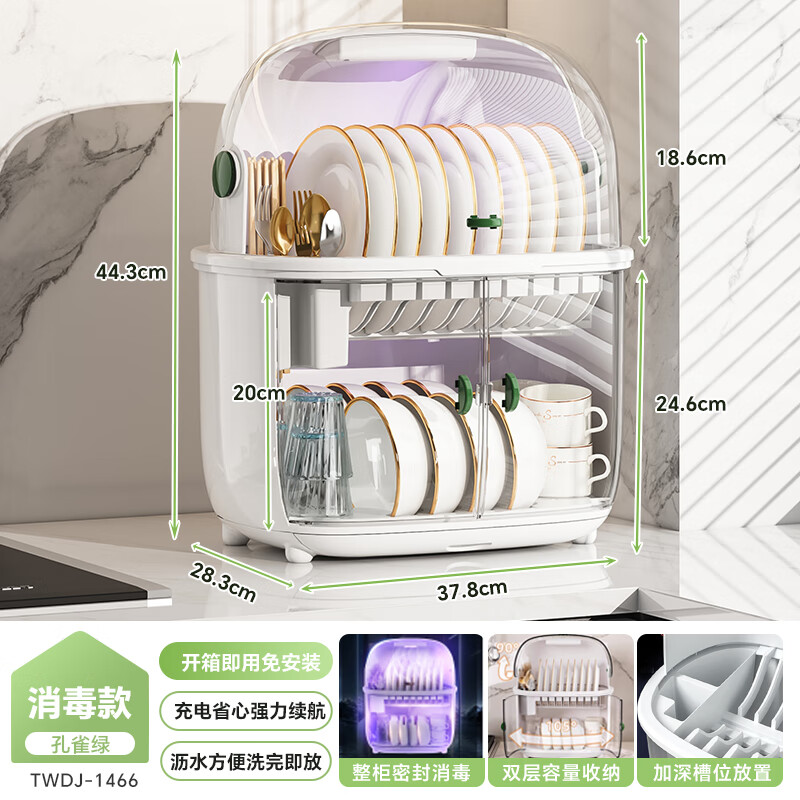 帥仕（shuaishi）廚房碗盤(pán)置物架放碗筷收納盒碗柜瀝水碗架餐具柜收納箱翻蓋碗碟架 消毒款【雙層容量】孔雀綠