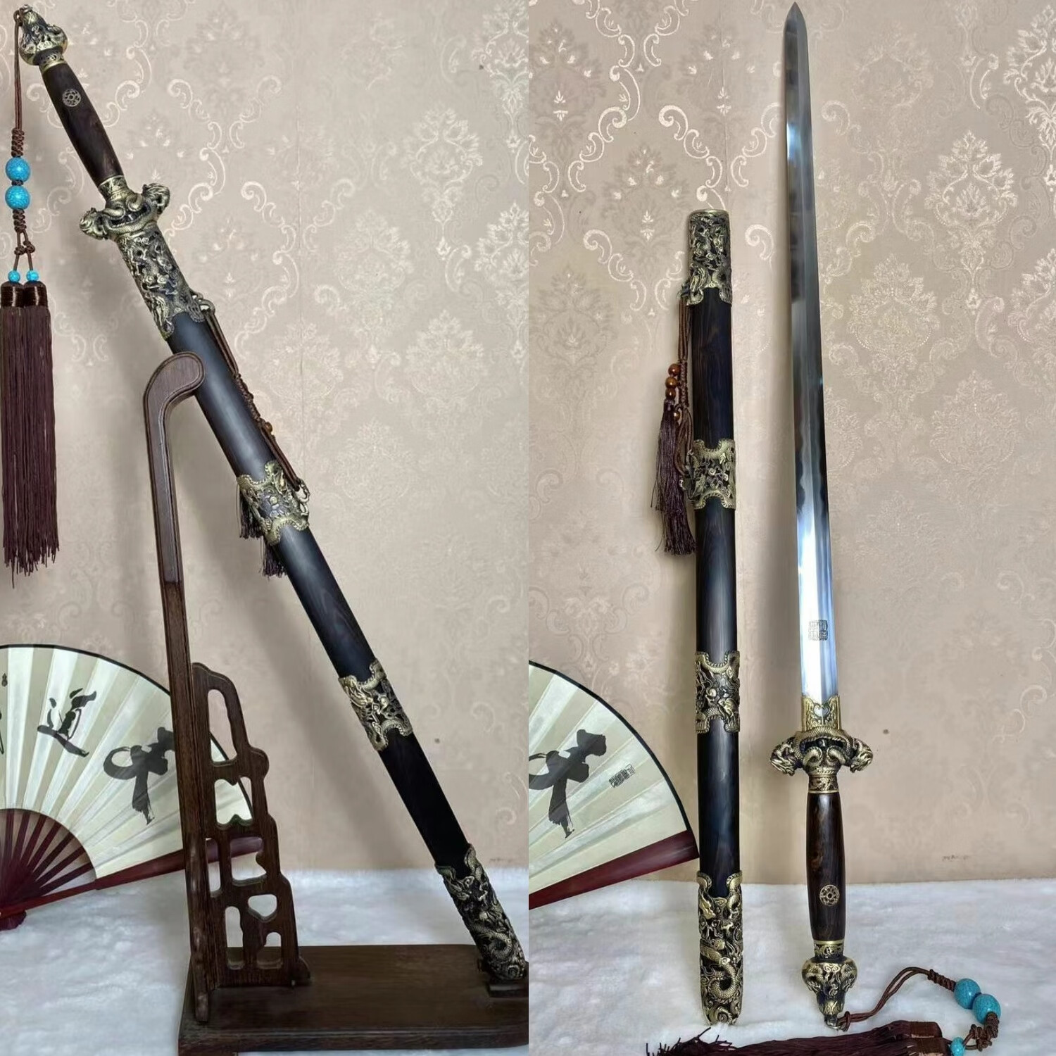 龙泉宝剑龙泉青龙剑花纹钢手工剑纯铜八面汉剑长剑冷兵器收藏镇宅未