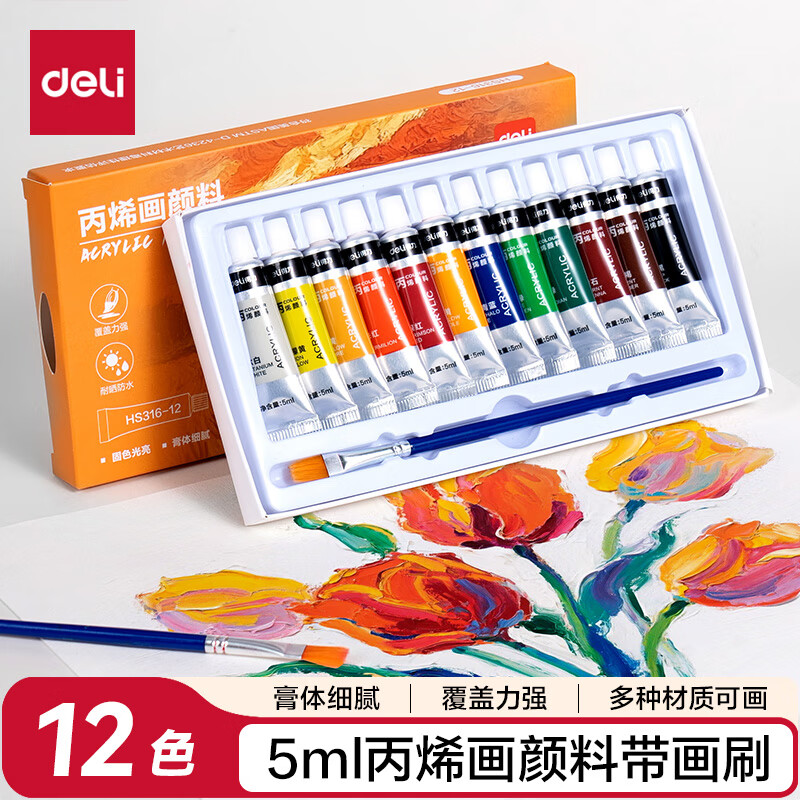 得力12色5ml铝塑管装丙烯颜料初学入门套装绘画丙烯画改鞋写生黑板报墙绘手绘儿童HS316-12美育工具