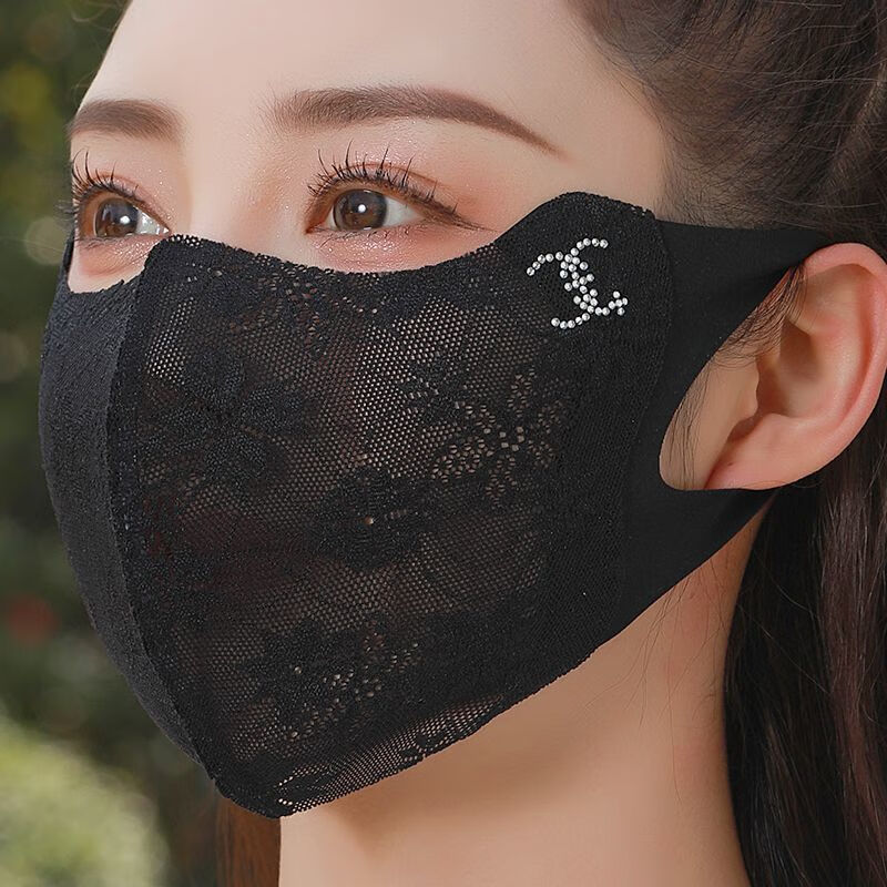 夏女冰丝蕾丝防晒口罩护眼角防紫外线高颜值透气户外薄款遮阳面罩 带钻防晒蕾丝【黑色】1件