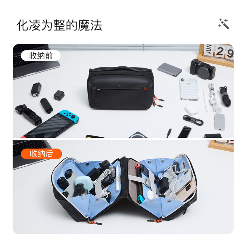 inateck四折叠火山收纳包数码配件数据线充电宝电源配件收纳袋桌面收纳袋 驰骋黑 带肩带