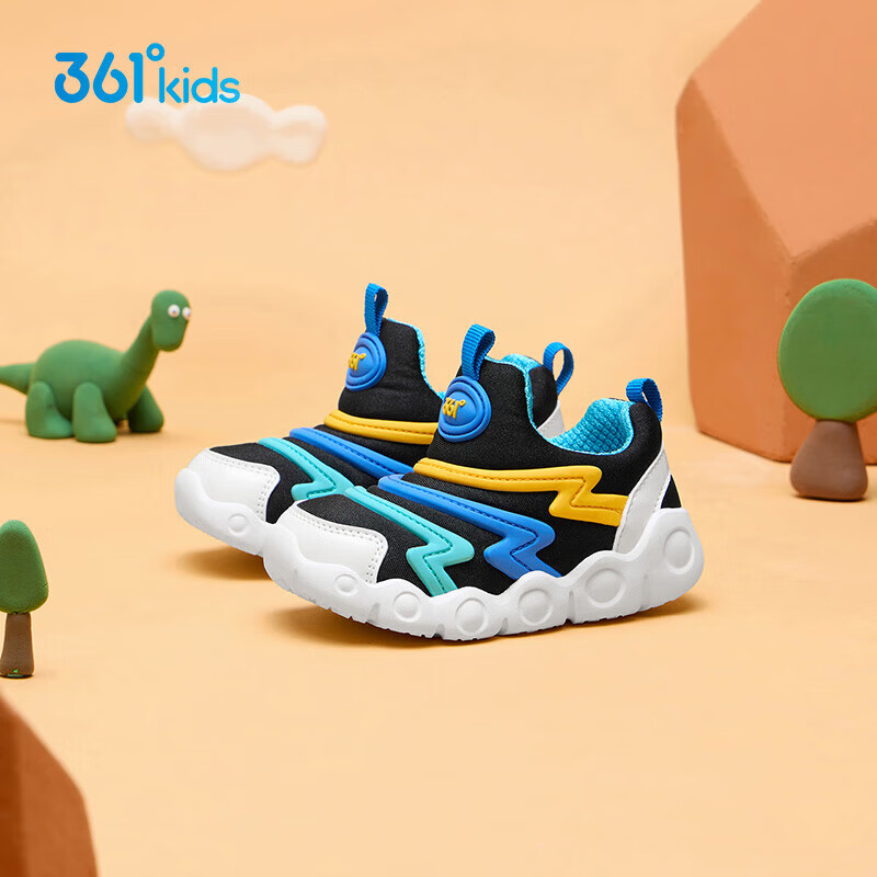 361°毛毛虫童鞋宝宝学步鞋秋冬男童机能鞋儿童一脚蹬软底女童鞋子 碳黑/CR帆白/大地蓝色 26