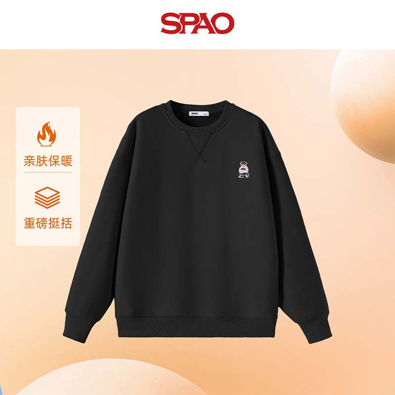 SPAO时尚三角罗纹圆领卫衣男女2025秋季加厚加绒保暖上衣SPWY25SY13XY 黑#SP象牙熊-贴布绣 L