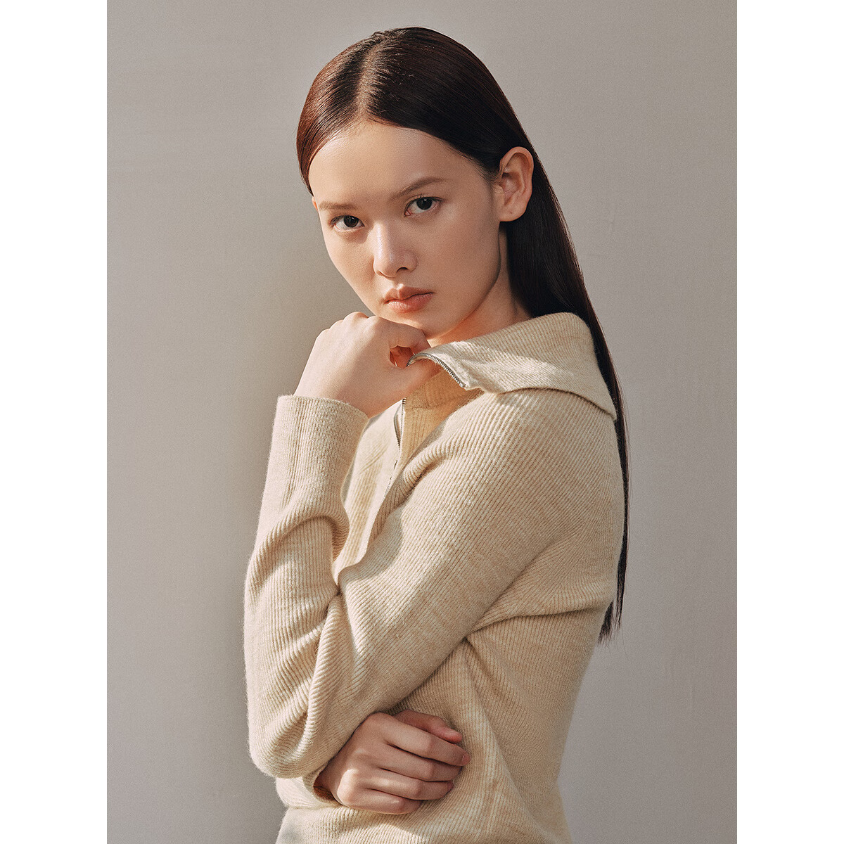 太平鸟秋冬毛针织衫集合链接新款打底无缝套衫女士开衫 米色半门襟翻领线套衫 M