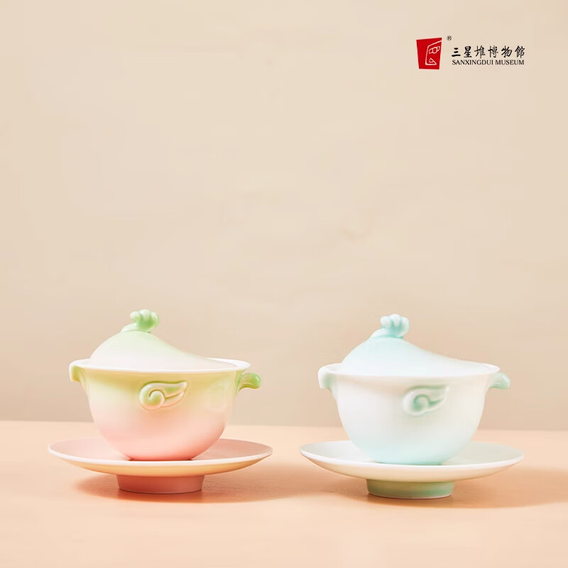 三星堆博物馆文创凤鸟盖碗杯喝茶杯创意礼品礼物伴手礼陶瓷器泡茶 三星堆凤鸟盖碗杯【天青色】