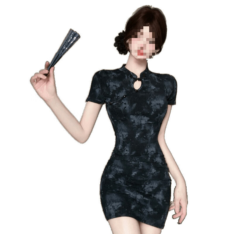 【优选】夏季新中式国风年轻款改良旗袍短款紧身包臀连衣裙女 黑色 S 【建议70-80斤】