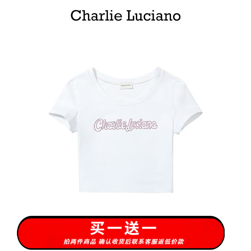 Charlie Luciano鉆石標(biāo)識T恤春夏新款黑92477鑲鉆修身露臍短袖時尚cl上衣女潮 白色 S