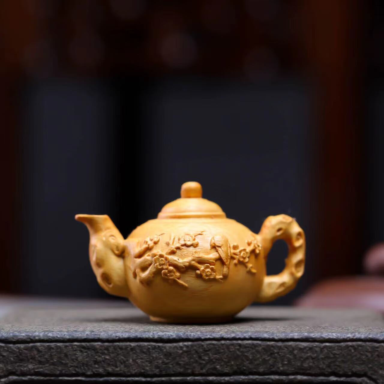 织舞黄杨木崖柏雕刻梅花茶壶摆件雕刻手把件工艺品木质把玩花鸟收 8cm