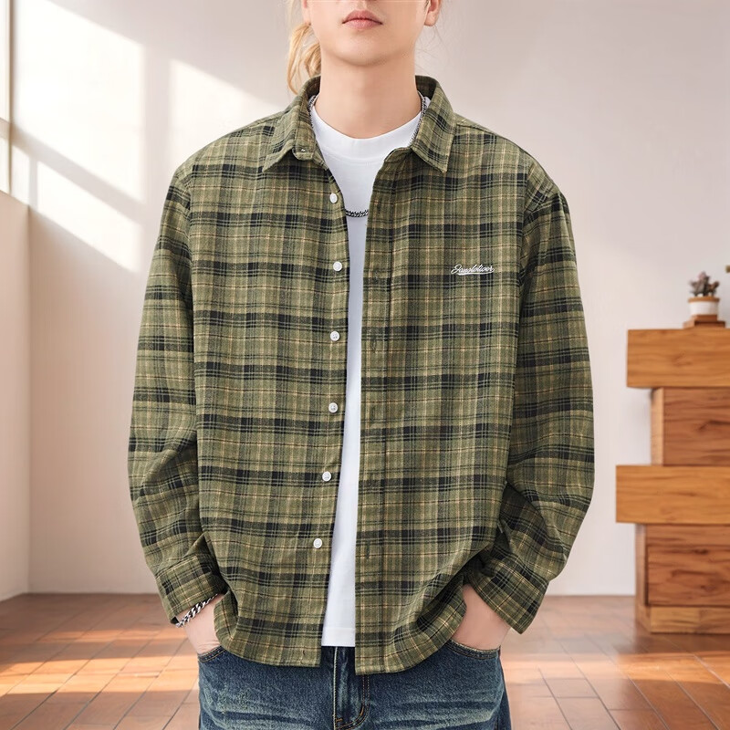 磨毛长袖衬衫格子美式重磅休闲风大码青年上衣秋冬加绒工装外套男 绿色 D327 2XL 建议161-175斤